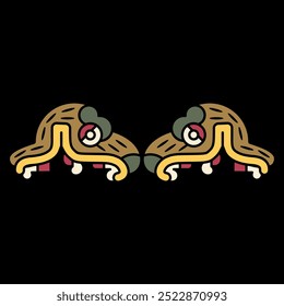 Design étnico simétrico com duas cabeças de animal fantástico com mandíbula aberta. Desenho étnico dos índios astecas do códice mexicano. Em fundo preto.