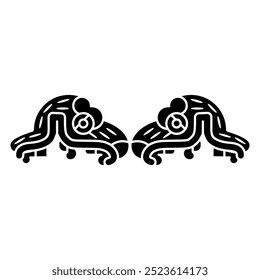 Design étnico simétrico com duas cabeças de animal fantástico com mandíbula aberta. Desenho étnico dos índios astecas do códice mexicano. Silhueta em preto e branco.