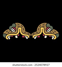 Design étnico simétrico com duas cabeças de animal fantástico com mandíbula aberta. Desenho étnico dos índios astecas do códice mexicano. Em fundo preto.