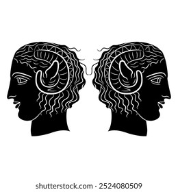 Symmetrical ethnic design with two heads of Apollo Karneios. Horned antique god. Ancient Greek mythology. Black and white silhouette.