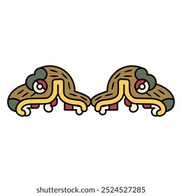 Design étnico simétrico com duas cabeças de animal fantástico com mandíbula aberta. Desenho étnico dos índios astecas do códice mexicano. Ilustração isolada de vetor.