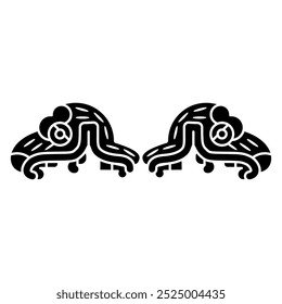 Design étnico simétrico com duas cabeças de animal fantástico com mandíbula aberta. Desenho étnico dos índios astecas do códice mexicano. Silhueta em preto e branco.