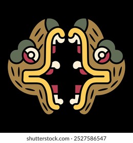 Design étnico simétrico com duas cabeças de animal fantástico com mandíbula aberta. Desenho étnico dos índios astecas do códice mexicano. Em fundo preto.