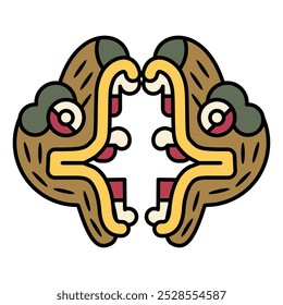 Design étnico simétrico com duas cabeças de animal fantástico com mandíbula aberta. Desenho étnico dos índios astecas do códice mexicano. Ilustração isolada de vetor.