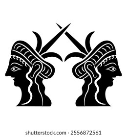 Symmetrical ethnic design with two heads of Mycenaean women. Black and white silhouette.