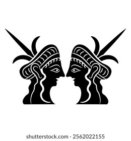 Symmetrical ethnic design with two heads of Mycenaean women. Black and white silhouette.