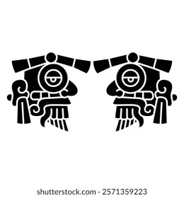 Symmetrical ethnic design with two heads of Aztec god Tlaloc. Native American decor. Black and white silhouette.