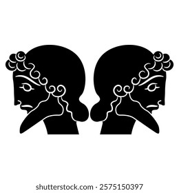 Symmetrical ethnic design with two heads of ancient Greek men. Black and white silhouette.