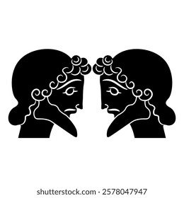 Symmetrical ethnic design with two heads of ancient Greek men. Black and white silhouette.