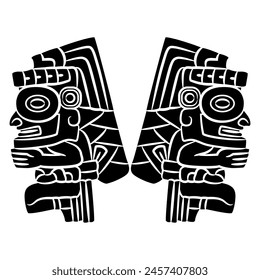 Symmetrical ethnic design with two human figurines. Mesoamerican Aztec or Totonac man or god from El Tajín, Veracruz, Mexico. Black and white silhouette.