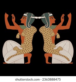 Symmetrical ethnic design with two kneeling praying ancient Egyptian men with raised hands. On black background.