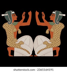 Symmetrical ethnic design with two kneeling praying ancient Egyptian men with raised hands. On black background.