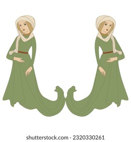 Symmetrical ethnic design with two medieval ladies in long green dresses. Isolated vector illustration.