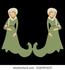 Symmetrical ethnic design with two medieval ladies in long green dresses. On black background.