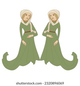 Symmetrical ethnic design with two medieval ladies in long green dresses. Isolated vector illustration.