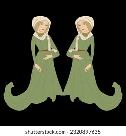 Symmetrical ethnic design with two medieval ladies in long green dresses. On black background.