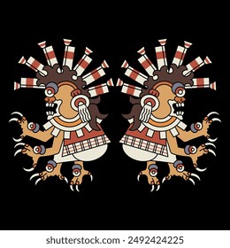 Symmetrical ethnic design with two monsters from Aztec or Mixtec codex. Native American mythology. On black background.