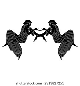 
Symmetrical ethnic design with two reclining women. Ancient Greek vase painting style. Black and white silhouette.