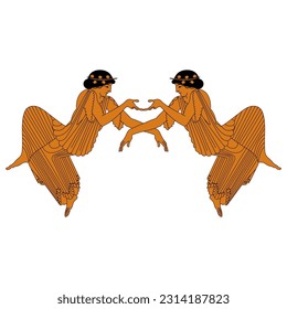 Symmetrical ethnic design with two reclining women. Ancient Greek vase painting style. Isolated vector illustration.