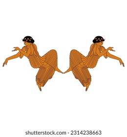 Symmetrical ethnic design with two reclining women. Ancient Greek vase painting style. Isolated vector illustration.