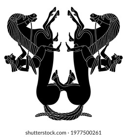 Symmetrical ethnic design with two riders on a horses. Ancient Greek vase painting style.  Black and white silhouette.