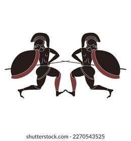 Symmetrical ethnic design with two running ancient Greek warriors. Vase painting style. Isolated vector illustration.