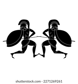 Symmetrical ethnic design with two running ancient Greek warriors. Vase painting style. Black and white negative silhouette.