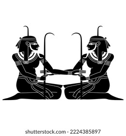 Symmetrical ethnic design with two seated ancient Egyptian men. Nile god Hapi. Black and white negative silhouette.