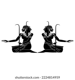 Symmetrical ethnic design with two seated ancient Egyptian men. Nile god Hapi. Black and white negative silhouette.