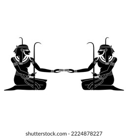 Symmetrical ethnic design with two seated ancient Egyptian men. Nile god Hapi. Black and white negative silhouette.