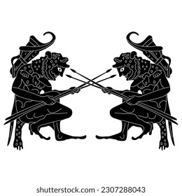 Diseño étnico simétrico con dos antiguos hombres griegos sentados con armas. Hércules o Heracles. Silueta negativa en blanco y negro. Estilo de pintura de malla.
