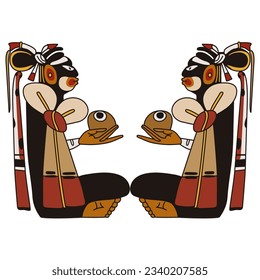 Symmetrical ethnic design with two seated Mayan men. Indigenous native American design. Isolated vector illustration.