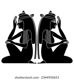 Symmetrical ethnic design with two seated ancient Egyptian women. Black and white silhouette.