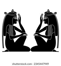 Symmetrical ethnic design with two seated ancient Egyptian women. Black and white silhouette.