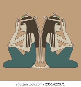 Symmetrical ethnic design with two seated ancient Egyptian women in profile.