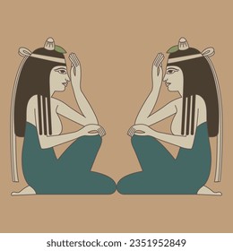 Symmetrical ethnic design with two seated ancient Egyptian women in profile.