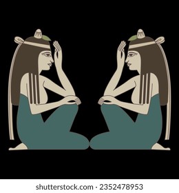 Symmetrical ethnic design with two seated ancient Egyptian women in profile. On black background.