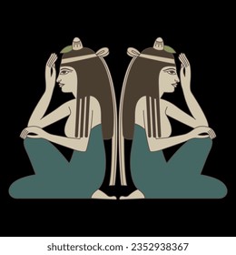 Symmetrical ethnic design with two seated ancient Egyptian women in profile. On black background.