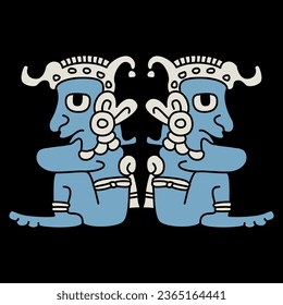 Symmetrisches ethnisches Design mit zwei sitzenden lustigen Männern. Indianische Kunst aus dem Maya-Codex. Auf schwarzem Hintergrund.