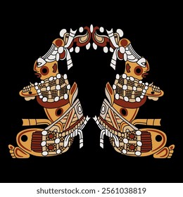 Symmetrical ethnic design with two seated Mayan men. Indigenous Native American art. Hero twins. On black background.