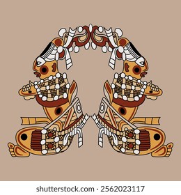 Symmetrical ethnic design with two seated Mayan men. Indigenous Native American art. Hero twins.