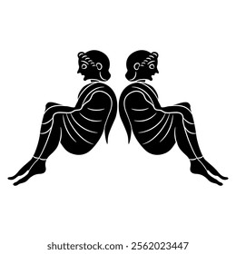 Symmetrical ethnic design with two seated Ancient Greek youths. Vase painting style. Black and white silhouette. 