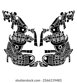 Symmetrical ethnic design with two seated Mayan men. Indigenous Native American art. Black and white silhouette.