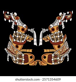 Symmetrical ethnic design with two seated Mayan men. Indigenous Native American art. Hero twins. On black background.