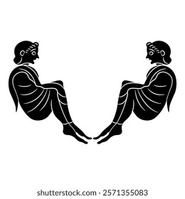 Symmetrical ethnic design with two seated Ancient Greek youths. Vase painting style. Black and white silhouette. 