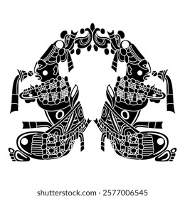 Symmetrical ethnic design with two seated Mayan men. Indigenous Native American art. Black and white silhouette.