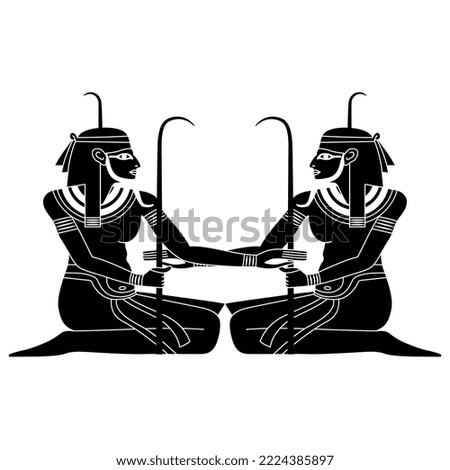 Symmetrical ethnic design with two seated ancient Egyptian men. Nile god Hapi. Black and white negative silhouette.