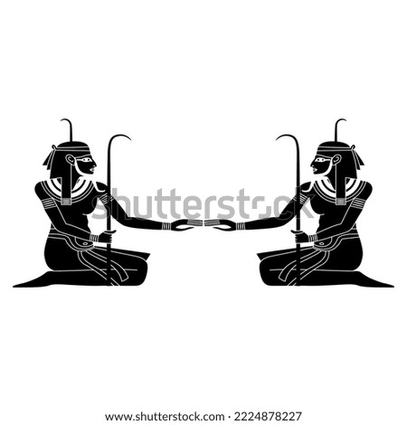 Symmetrical ethnic design with two seated ancient Egyptian men. Nile god Hapi. Black and white negative silhouette.