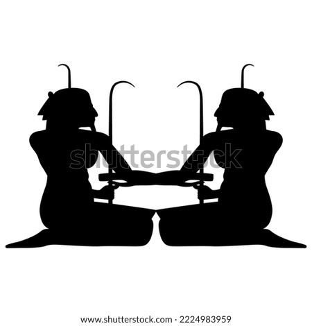 Symmetrical ethnic design with two seated ancient Egyptian men. Nile god Hapi. Black silhouette on white background.
