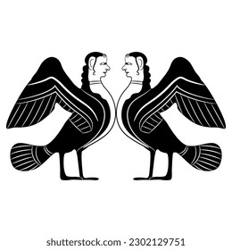 Symmetrical ethnic design with two Sirens or Harpies. Birds with women heads. Ancient Greek vase painting style. Fantastic mythological animals. Black and white silhouette.